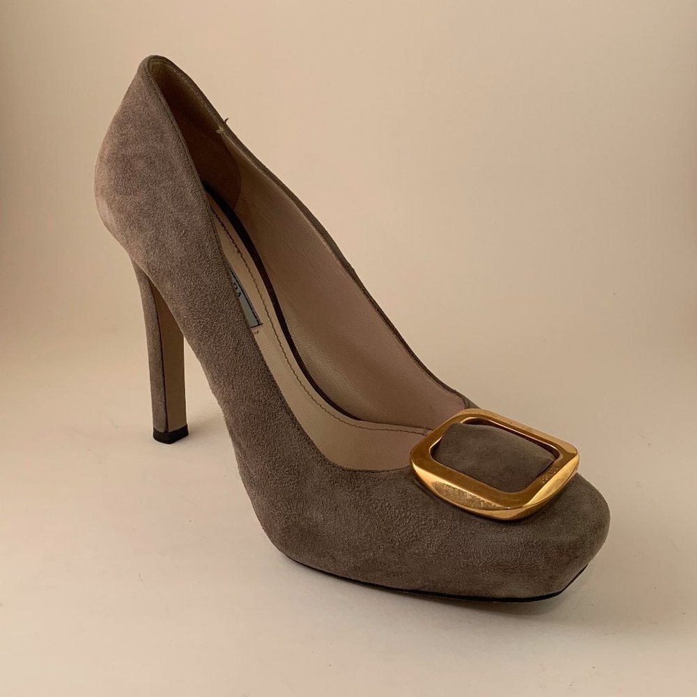 Prada Suede Buckle Logo Platform Pumps